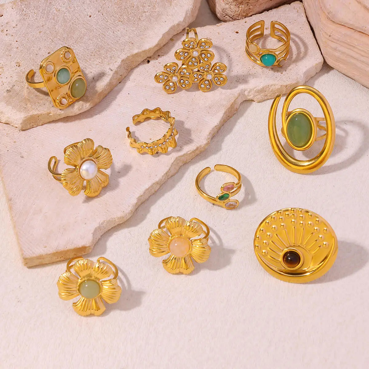 Vintage Green Stone Open Stainless Steel Rings For Women Fashion Gold Color Flower Zircon Ring Jewelry Aesthetic Anillos Gift