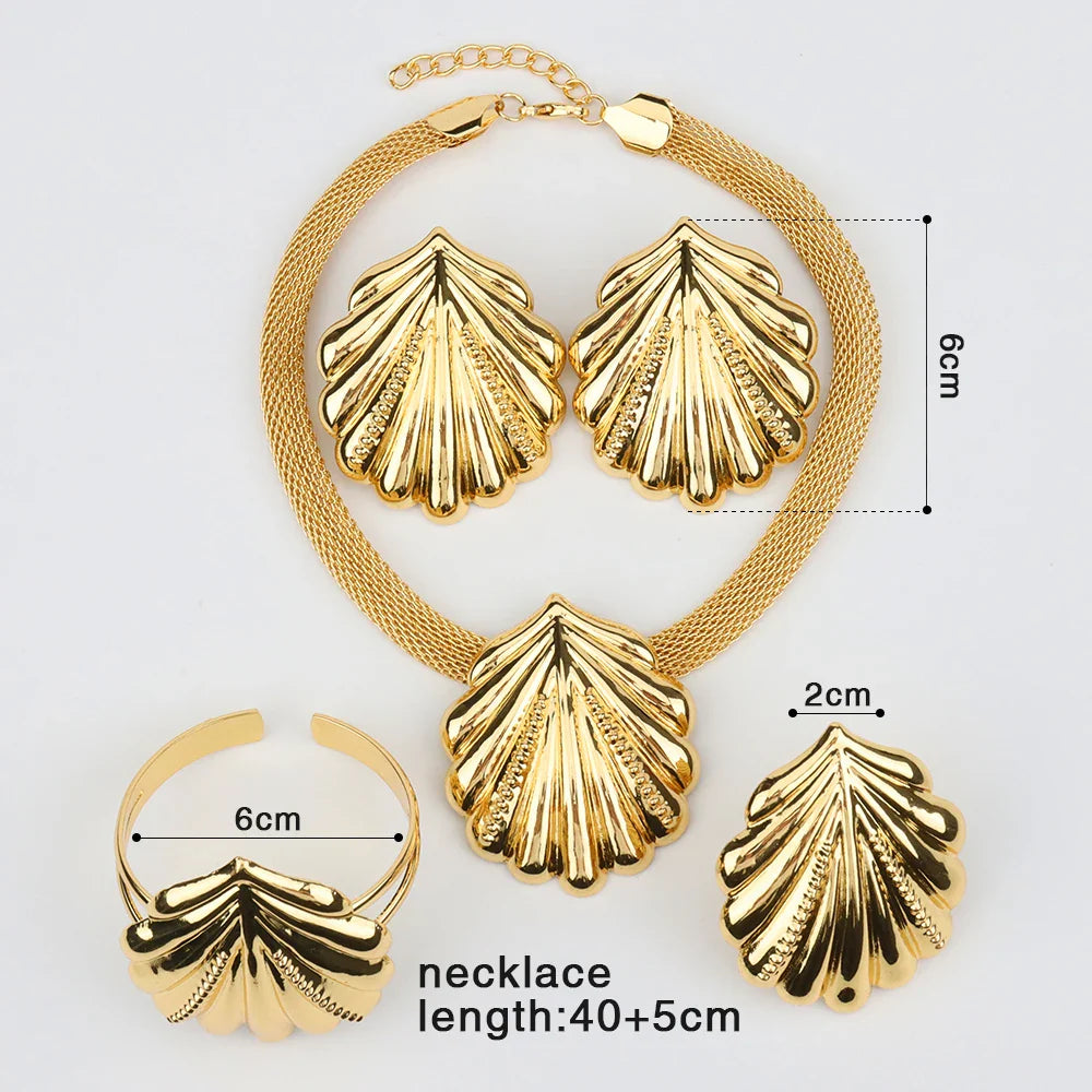Dubai Gold Plated Jewelry Set for Women Shell pattern Earrings and Necklace Set Fashion Wedding Bride Bracelet Ring Jewelry