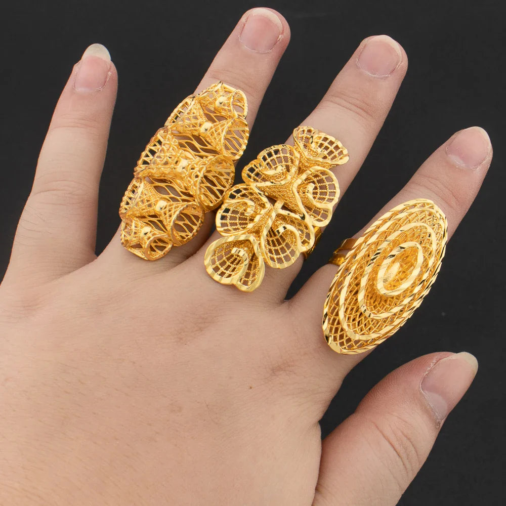 Luxury 18K Gold Plated Rings Copper Party Women Adjustable Long Rings Fashion Wedding Bride Round Opening Lady Finger Ring Gift