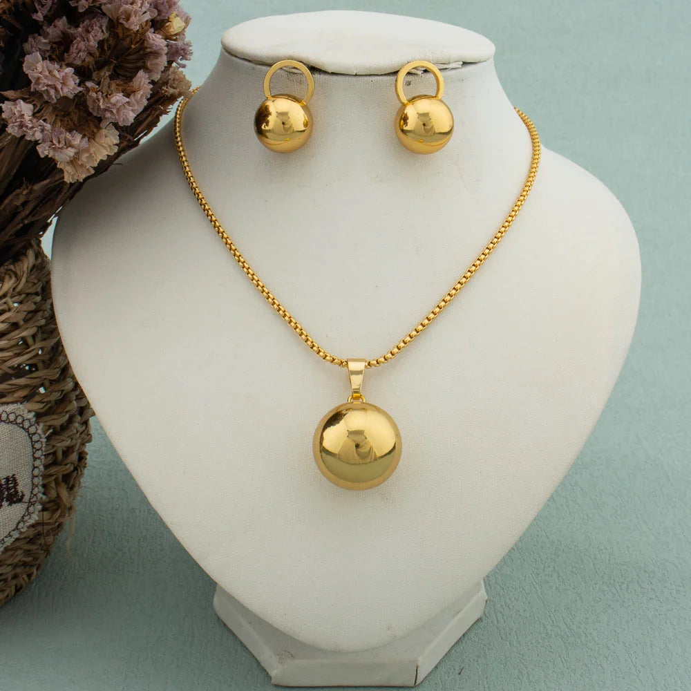 Simple Geometric Metal Necklace Earrings Set Globular Pendant for Women Stainless Steel Gold Plated Non-fade Trendy Jewelry