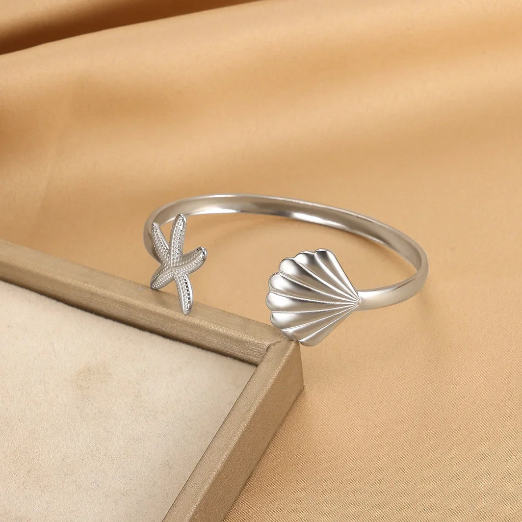 Summer Waterproof Cuff Bangles Bracelet For Women Cute Flower Double Layer Open Stainless Steel Gold Color Star Shell Jewelry