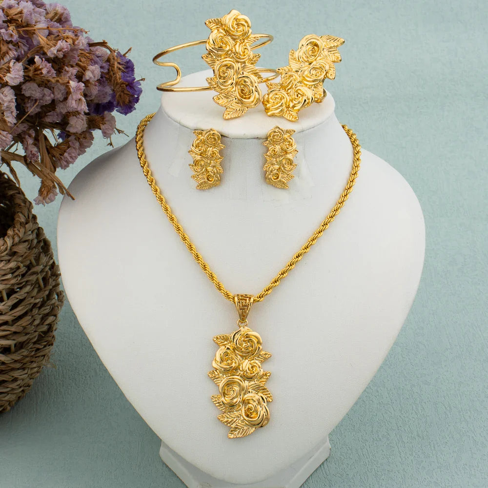 New Arrivals Gold Color Jewelry Sets For Women Fashion Earrings Necklace Italy Bangle Ring Flower Pendant Bride Wedding Party