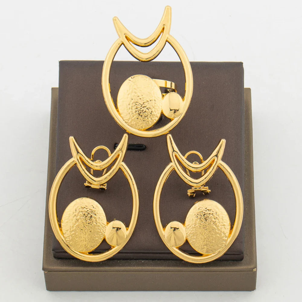 Lovely Earrings with Ring Set for African Bridal 18k Gold Color Clip Earrings and Finger Ring Elegant Dubai Jewelry Accessories