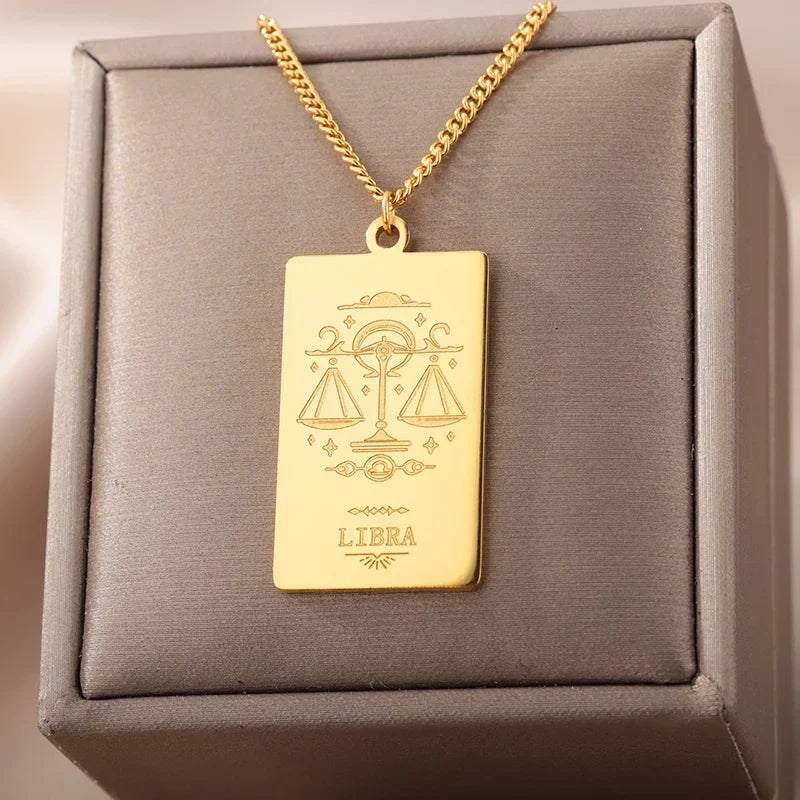 Stainless Steel Zodiac Sign Necklace For Women Vintage Constellation Libra Pendant Chain Collar Aesthetic 2024 New Trend Jewelry