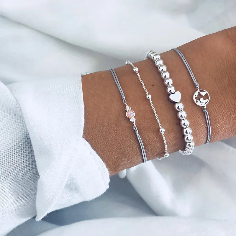 Fashion Geometric Stone Charm Bracelet Set For Women Retro Silver Color Moon Wrist Chain Open Bangle Lady Trendy Boho Jewelry