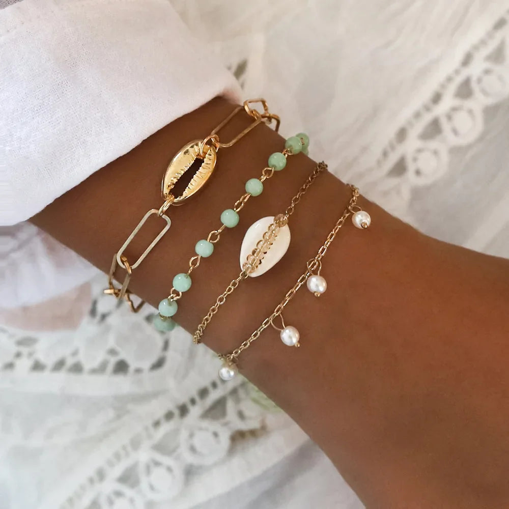 Fashion Geometric Stone Charm Bracelet Set For Women Retro Silver Color Moon Wrist Chain Open Bangle Lady Trendy Boho Jewelry