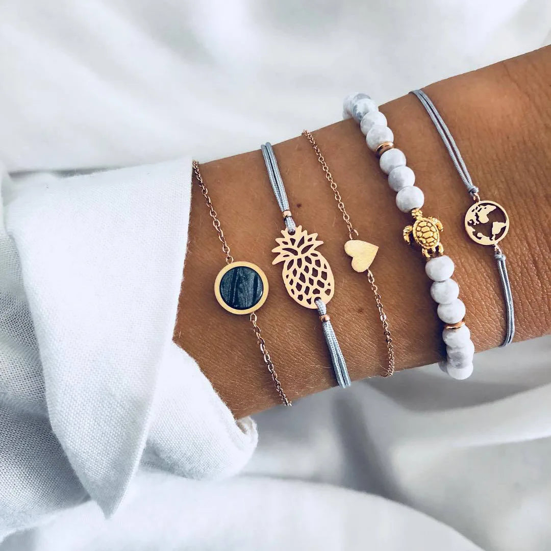 Fashion Geometric Stone Charm Bracelet Set For Women Retro Silver Color Moon Wrist Chain Open Bangle Lady Trendy Boho Jewelry