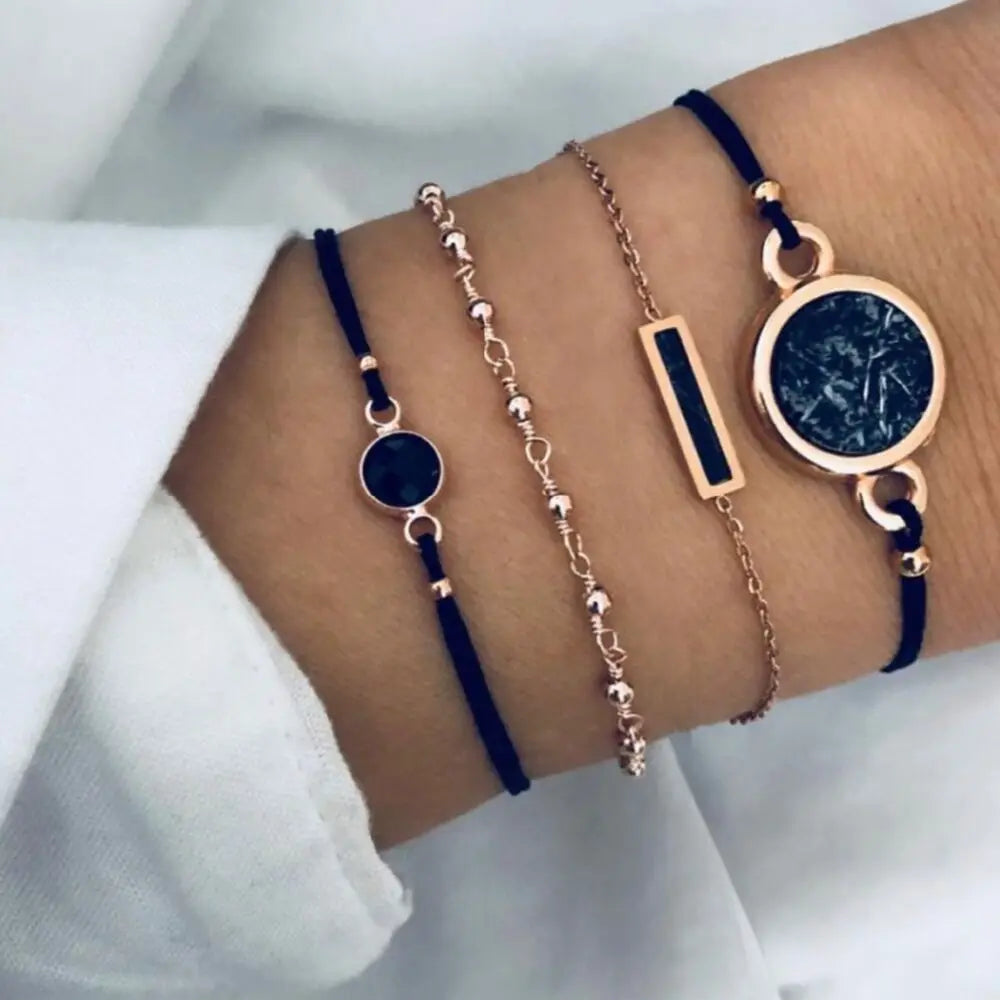 Fashion Geometric Stone Charm Bracelet Set For Women Retro Silver Color Moon Wrist Chain Open Bangle Lady Trendy Boho Jewelry