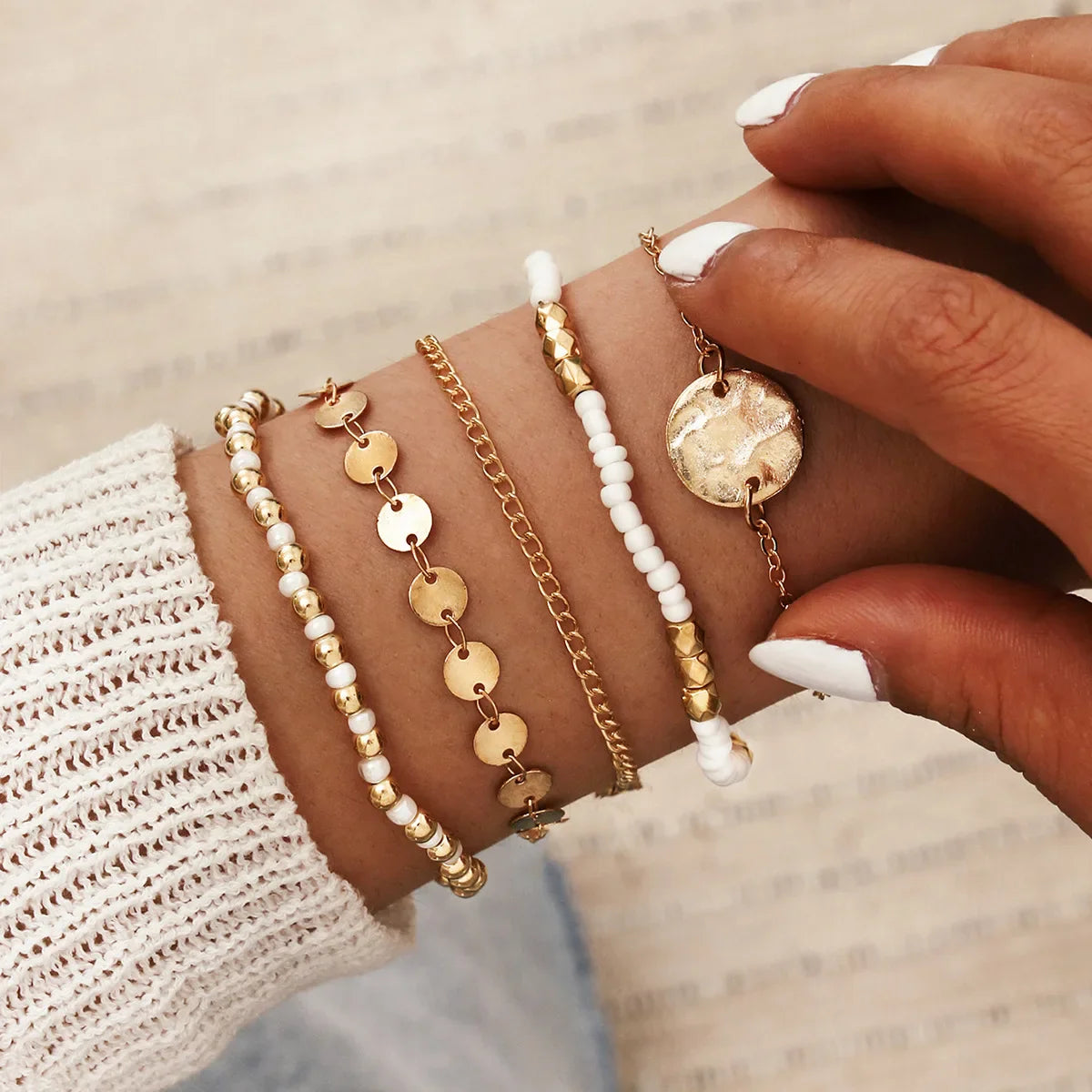 Fashion Geometric Stone Charm Bracelet Set For Women Retro Silver Color Moon Wrist Chain Open Bangle Lady Trendy Boho Jewelry