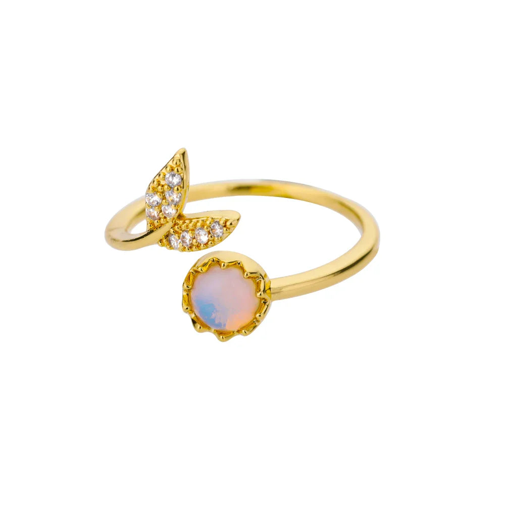 Fashion Leaves Opal Rings For Women Stainless Steel Opal Crystal Stone Leaves Finger Ring Engagement Bohemian Jewelry Gift