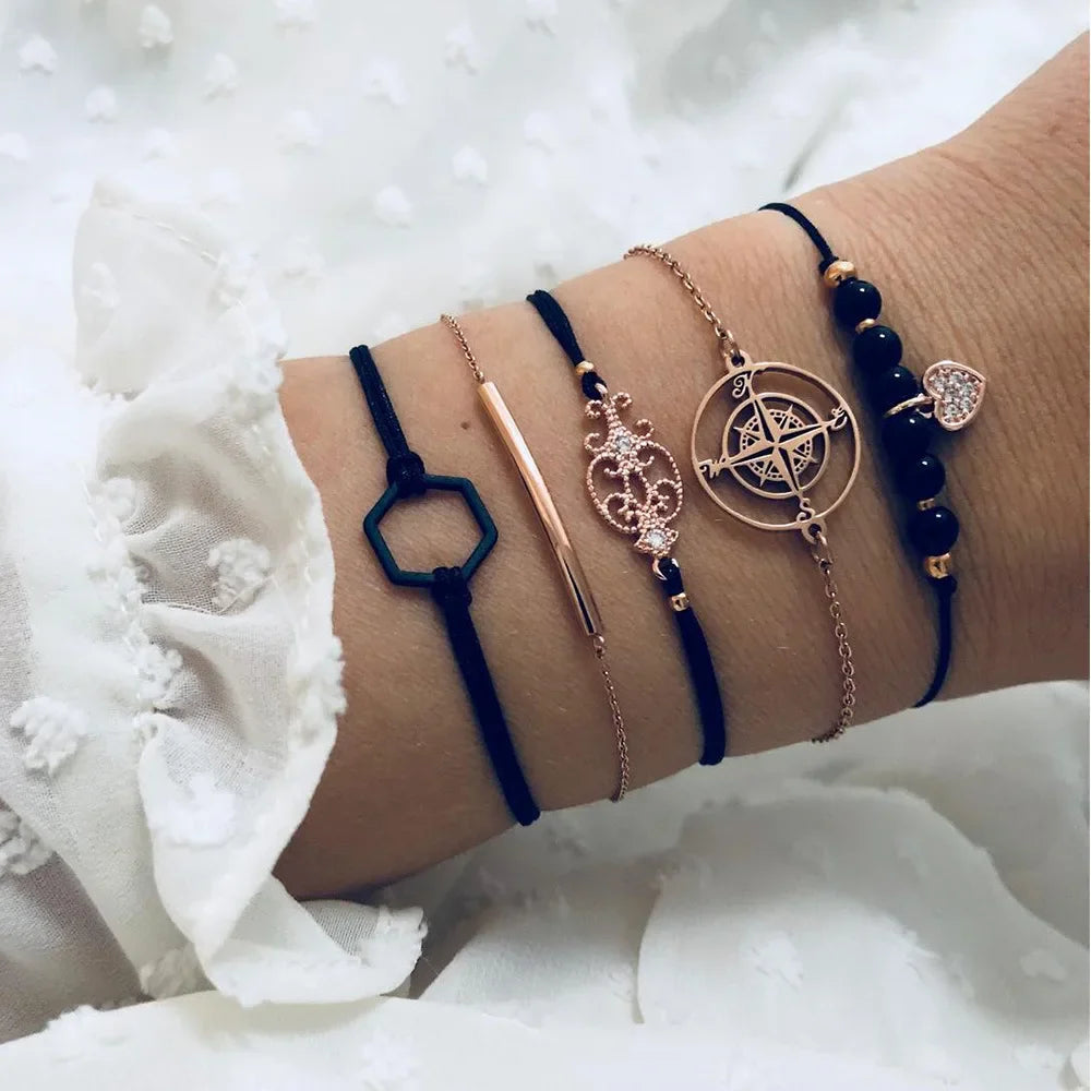 Fashion Geometric Stone Charm Bracelet Set For Women Retro Silver Color Moon Wrist Chain Open Bangle Lady Trendy Boho Jewelry