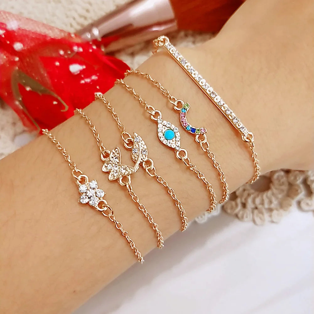 Fashion Geometric Stone Charm Bracelet Set For Women Retro Silver Color Moon Wrist Chain Open Bangle Lady Trendy Boho Jewelry