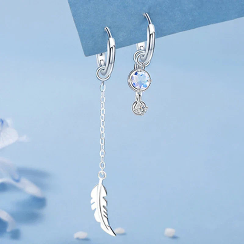 VENTFILLE 925 Sterling Silver Asymmetric Feather Earrings White Moonstone Pendant Earrings Ladies Gifts Handmade Jewelry