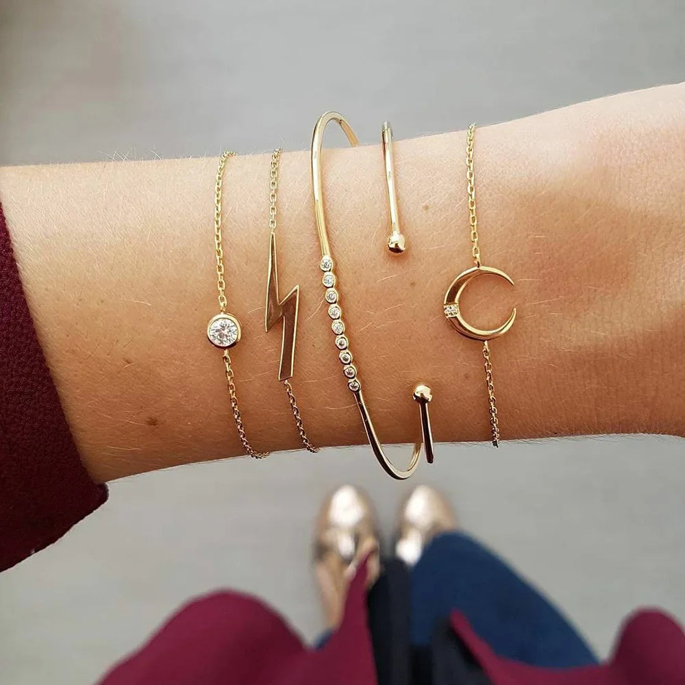 Fashion Geometric Stone Charm Bracelet Set For Women Retro Silver Color Moon Wrist Chain Open Bangle Lady Trendy Boho Jewelry