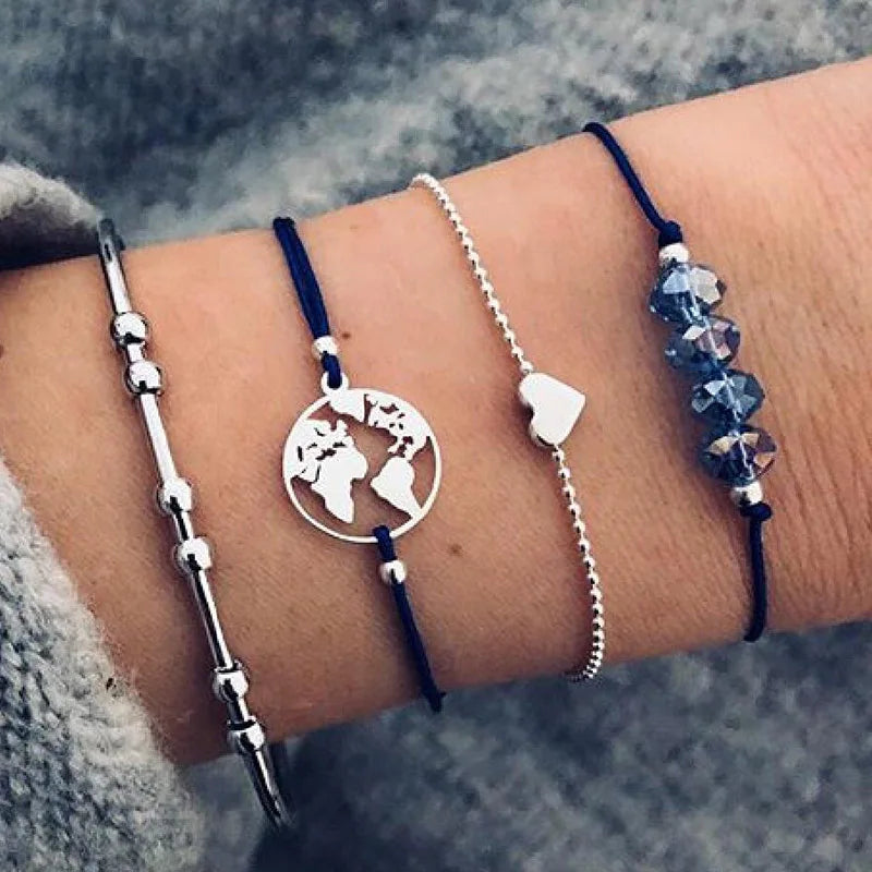Fashion Geometric Stone Charm Bracelet Set For Women Retro Silver Color Moon Wrist Chain Open Bangle Lady Trendy Boho Jewelry