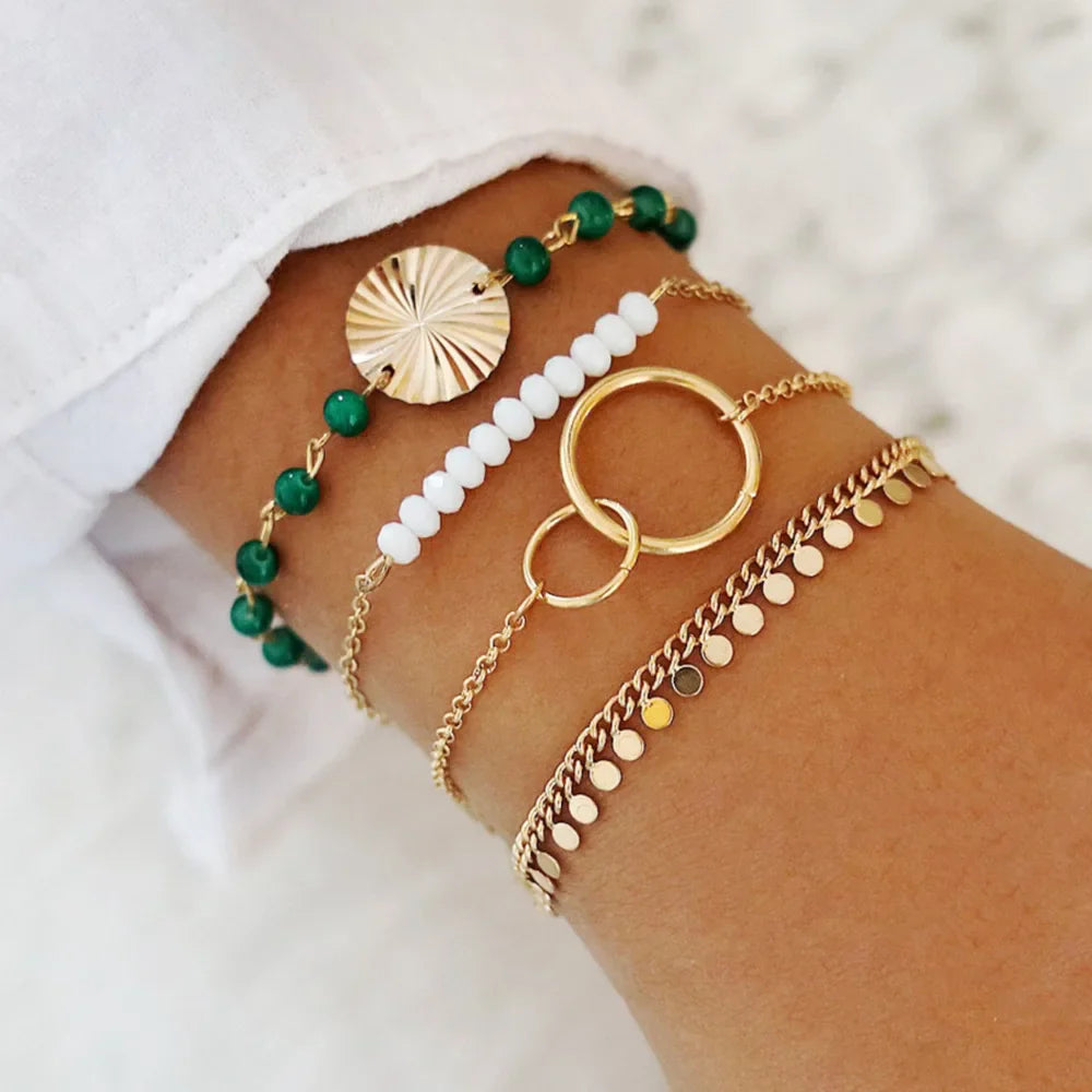 Fashion Geometric Stone Charm Bracelet Set For Women Retro Silver Color Moon Wrist Chain Open Bangle Lady Trendy Boho Jewelry