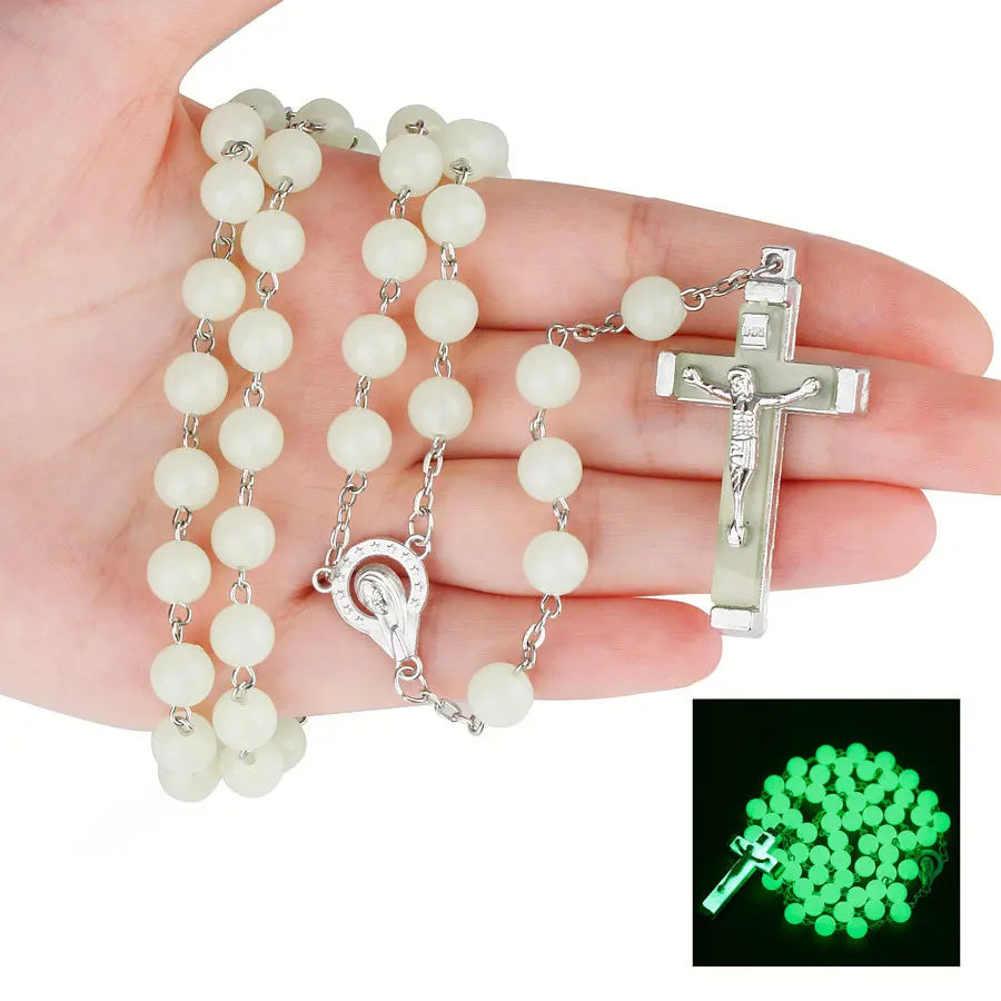 8MM Glow In The Dark Rosary Bead Chain Necklaces For Women INRI Crucifix Cross Pendant luminous Necklace Religious Jewelry