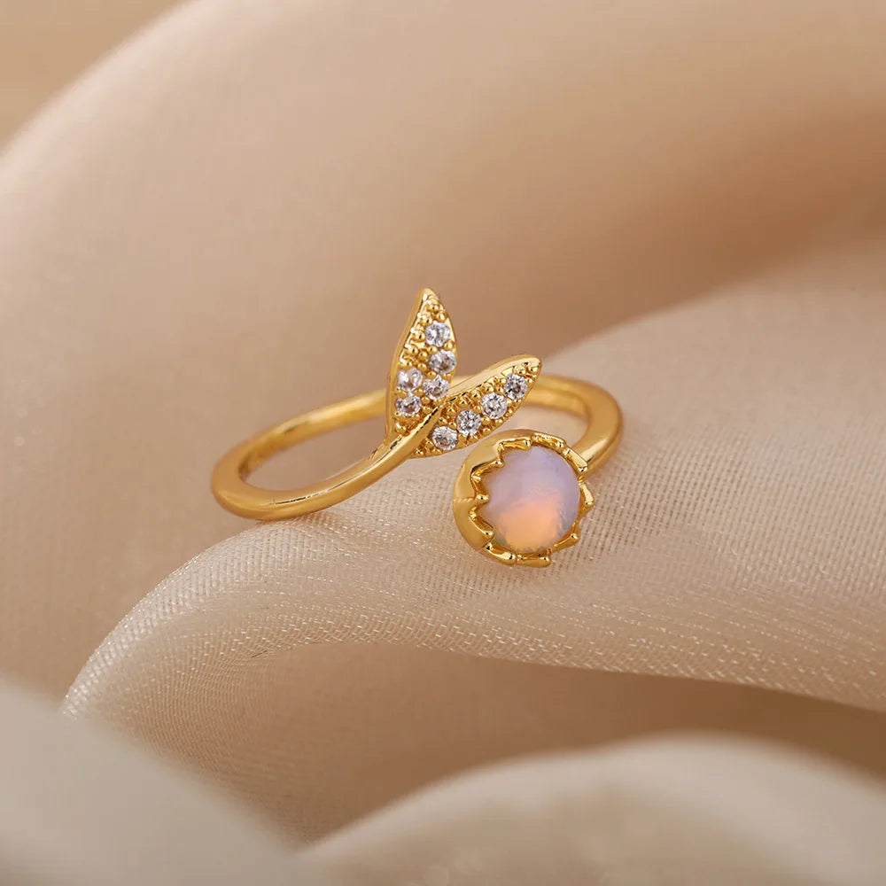Fashion Leaves Opal Rings For Women Stainless Steel Opal Crystal Stone Leaves Finger Ring Engagement Bohemian Jewelry Gift
