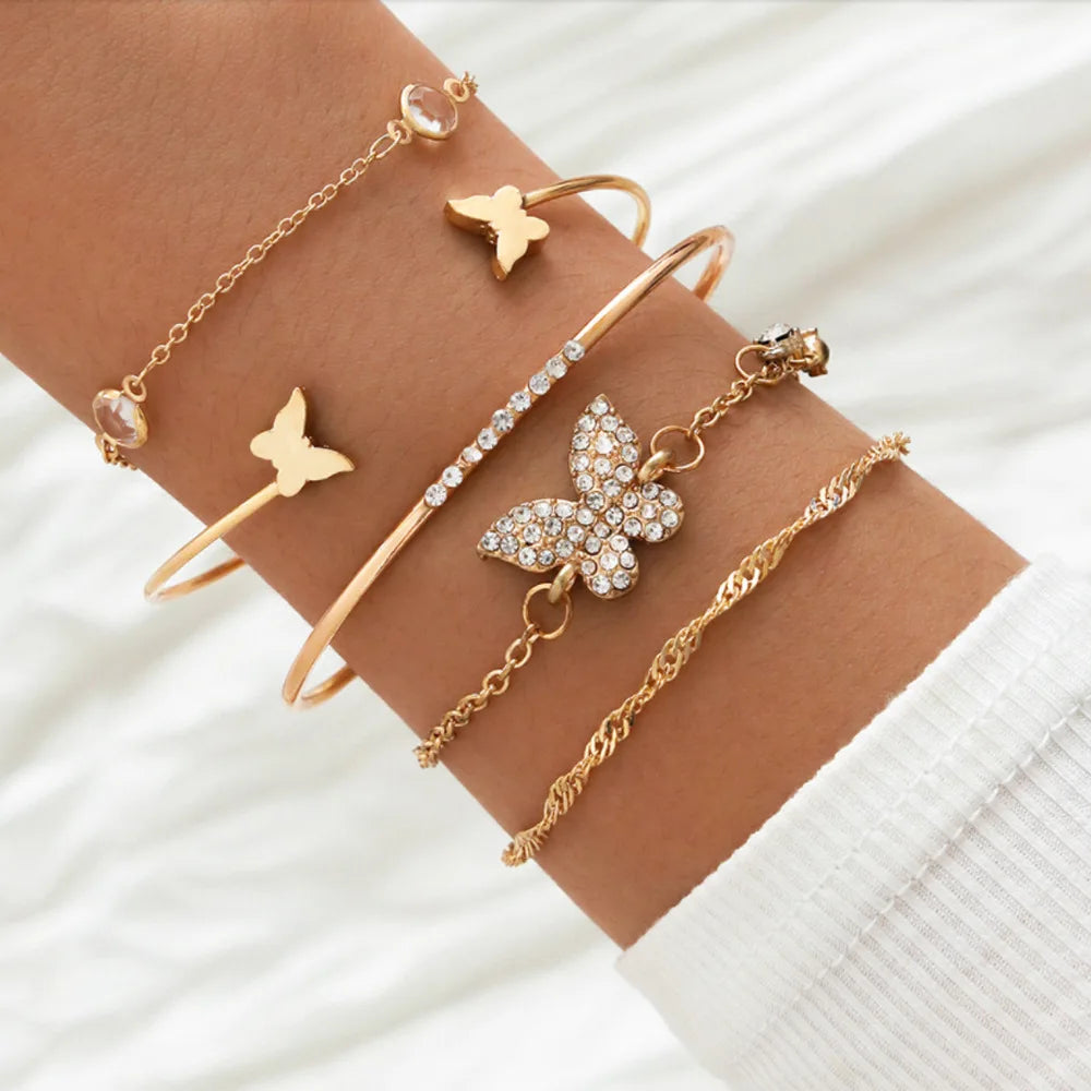 Fashion Geometric Stone Charm Bracelet Set For Women Retro Silver Color Moon Wrist Chain Open Bangle Lady Trendy Boho Jewelry