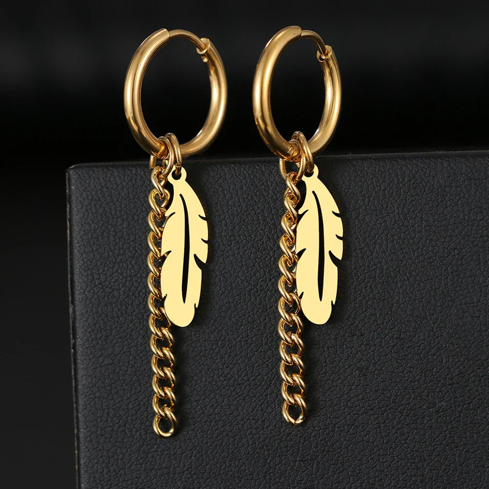 Stainless Steel Earrings Fashion Unisex Punk Gothic Feather Chain Hip Hop Pendants Gold Color Earrings For Women Jewelry Gifts