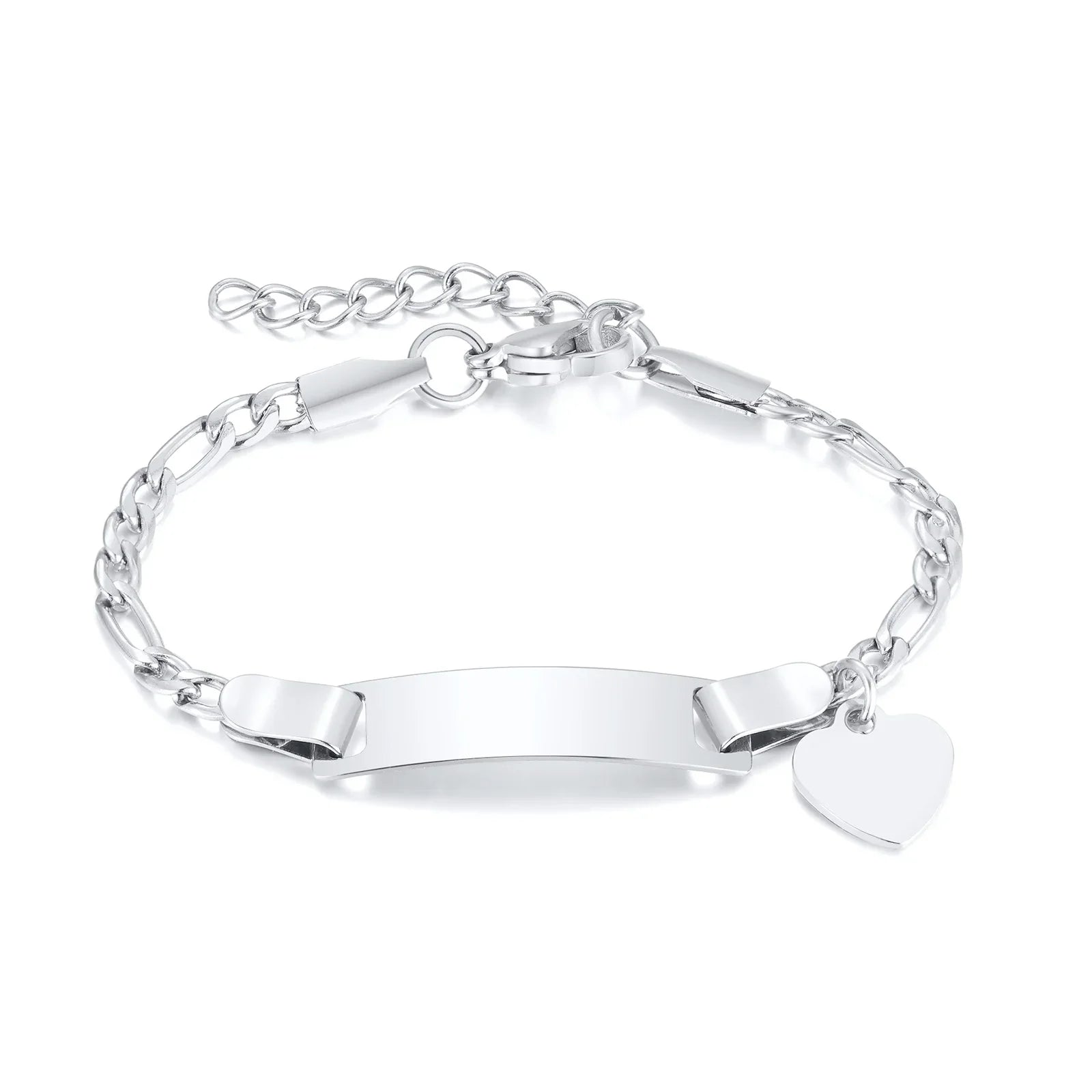 Persoanlized Custom Name Heart Bracelet,Stainless Steel Figaro Chain Link Adjustable,Engraved Gift for Boy Girl