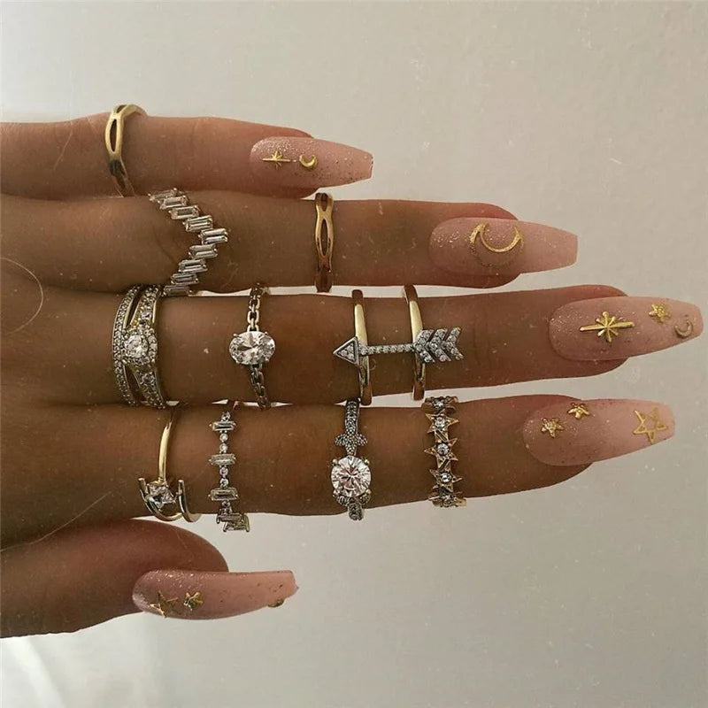 Trendy Geometric Moon Knuckle Finger Rings Set For Women 2021 Bohemian Crystal stone Female Ring Wedding Jewelry