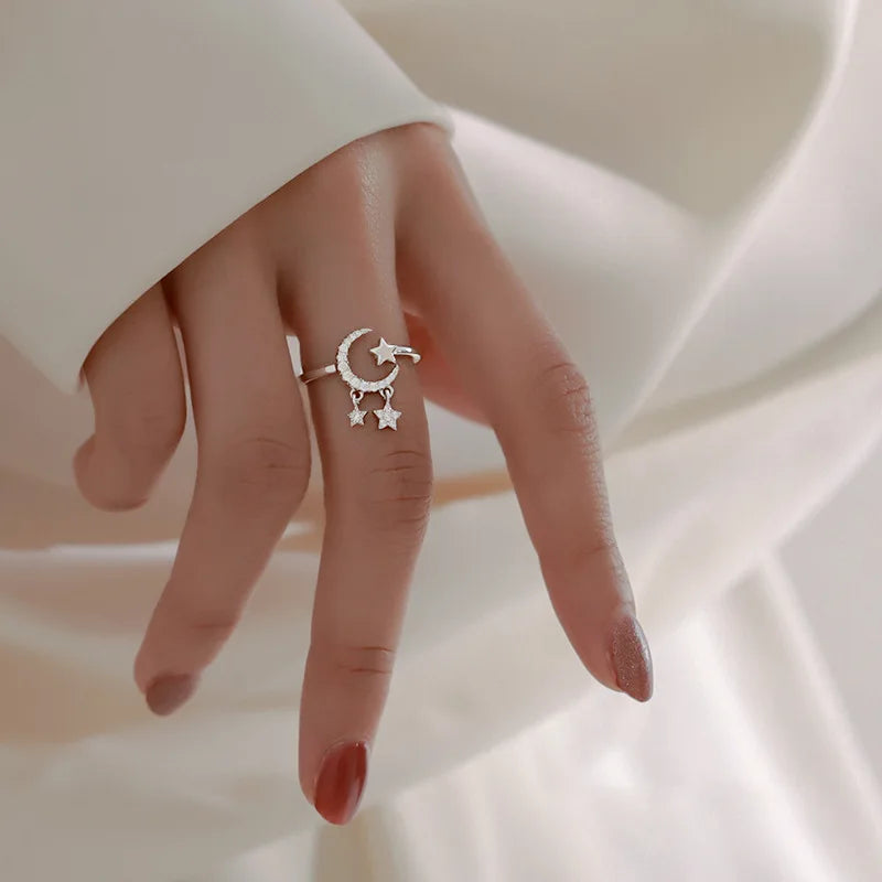 VENTFILLE 925 Silver Moon Tassel Opening Female Fashion Ins Ring