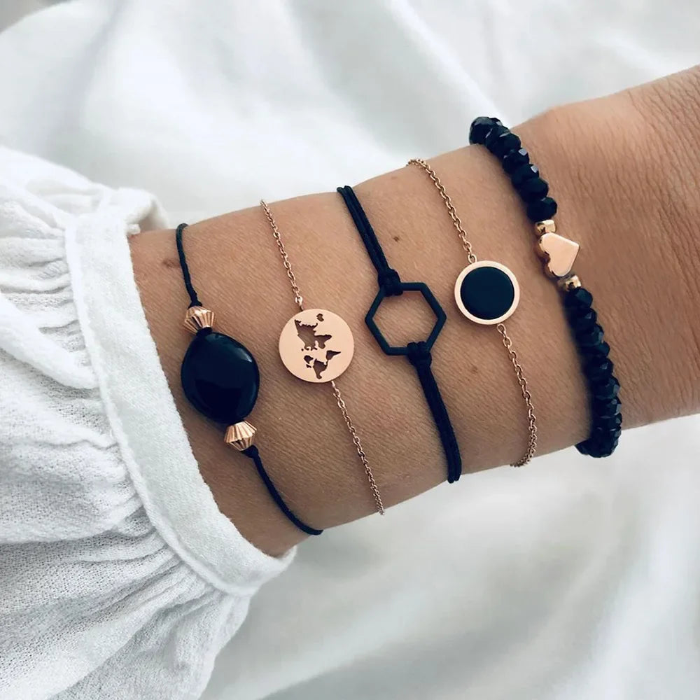 Fashion Geometric Stone Charm Bracelet Set For Women Retro Silver Color Moon Wrist Chain Open Bangle Lady Trendy Boho Jewelry