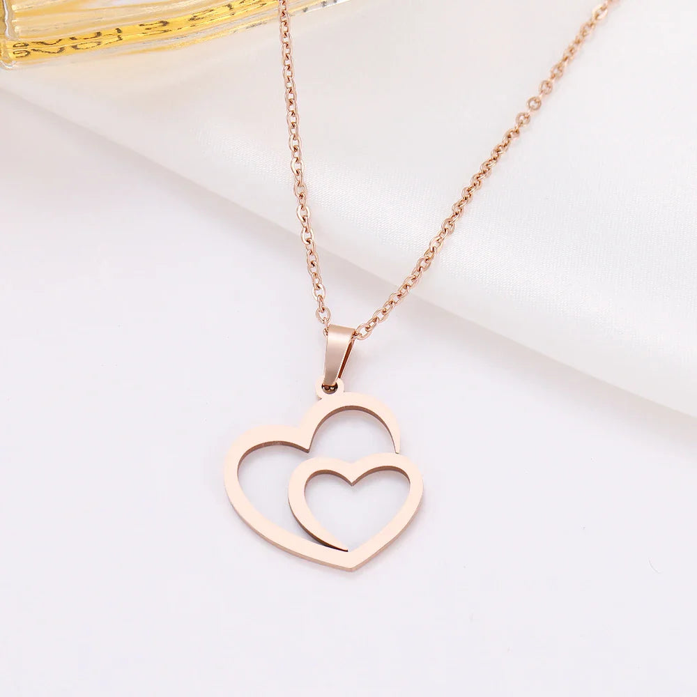 DOTIFI Stainless Steel Necklace For Women Man Hollow Double Heart Choker Pendant Charms Necklace Engagement Jewelry