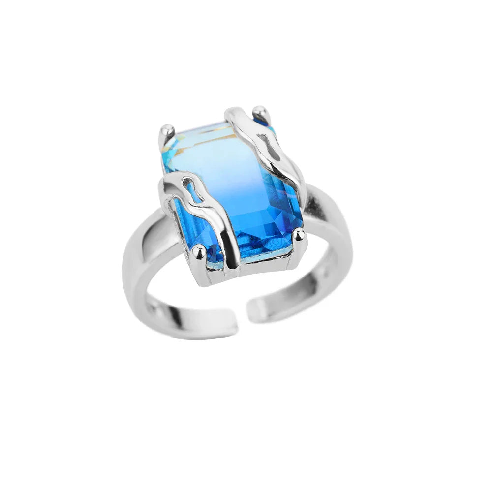 Minimalist Zircon Blue Crystal Stone Rings For Women Stainless Steel Cubic Zirconia Square Geometry Ring Party Jewelry Gift