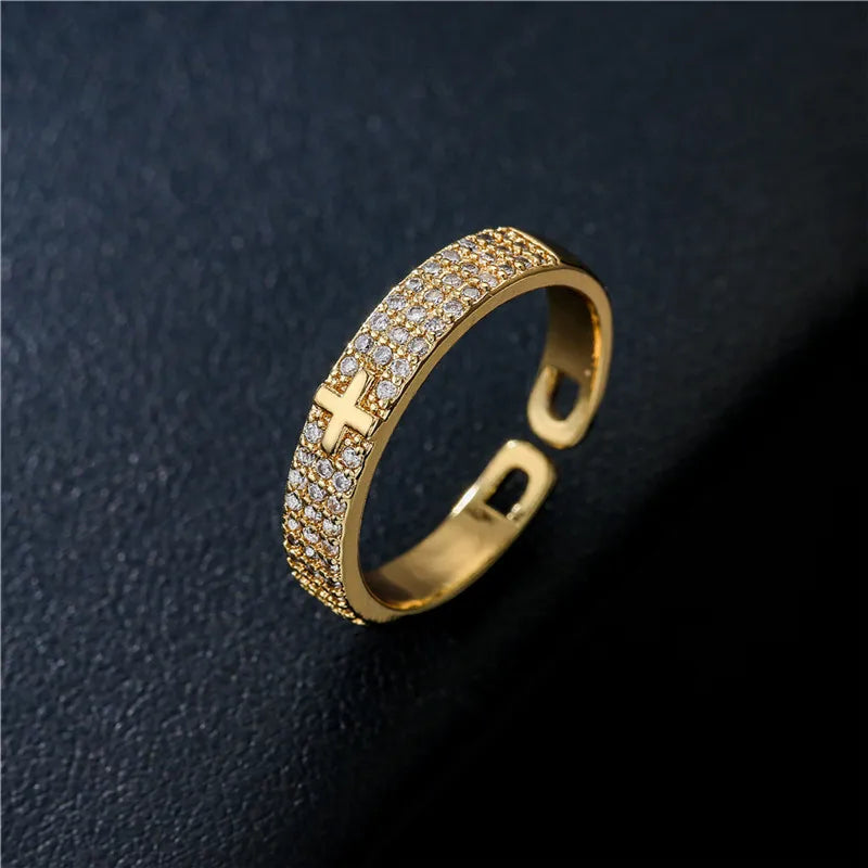 Classic Design Bling Bling Cross Ring 2026 Fashion Gold Color CZ Open Ring Adjustable Wholesale Christian Jewelry Gift