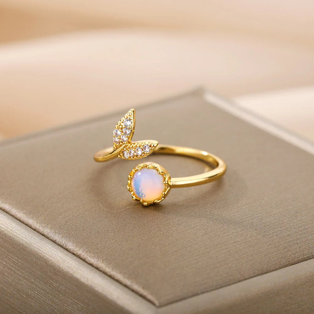 Fashion Leaves Opal Rings For Women Stainless Steel Opal Crystal Stone Leaves Finger Ring Engagement Bohemian Jewelry Gift