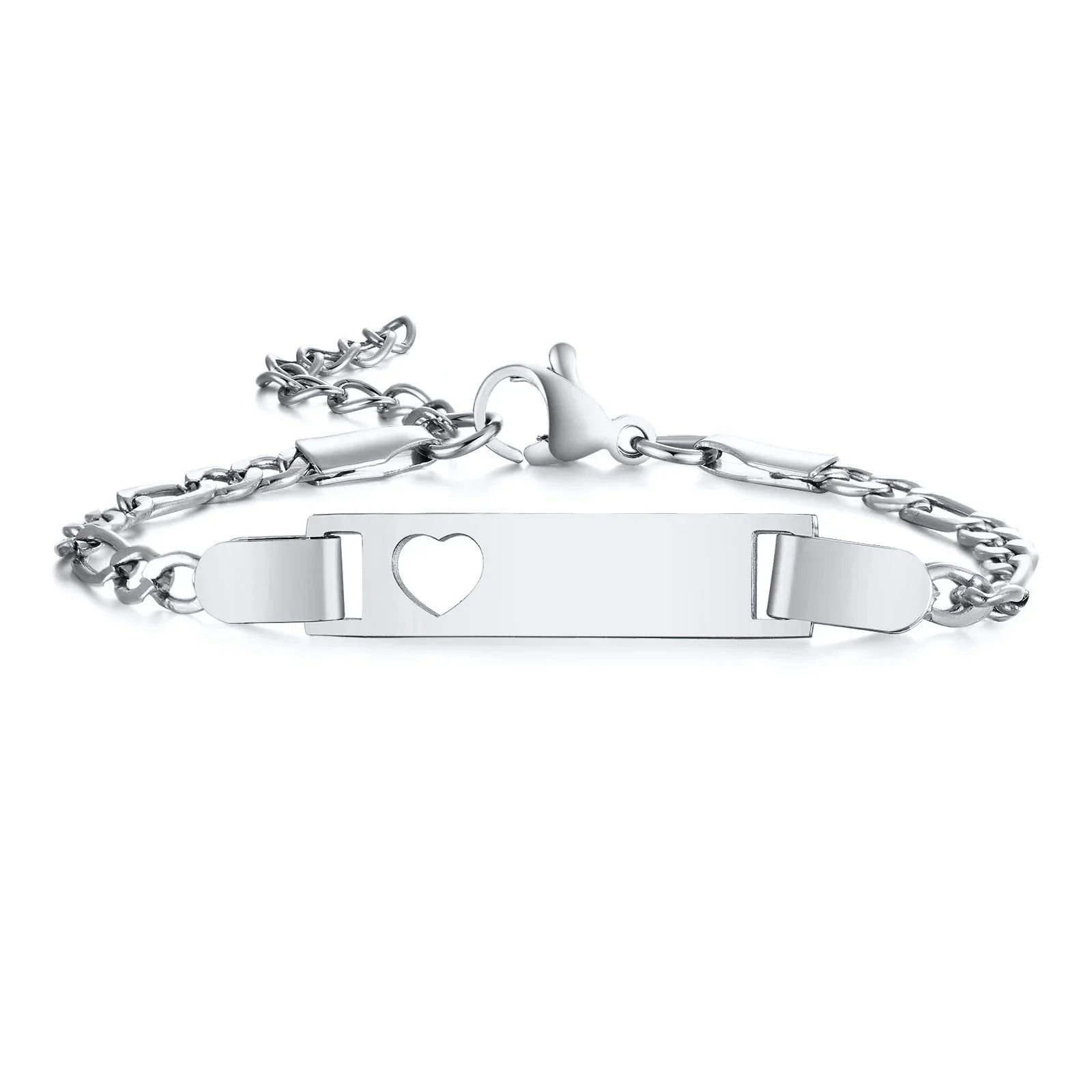 Persoanlized Custom Name Heart Bracelet,Stainless Steel Figaro Chain Link Adjustable,Engraved Gift for Boy Girl