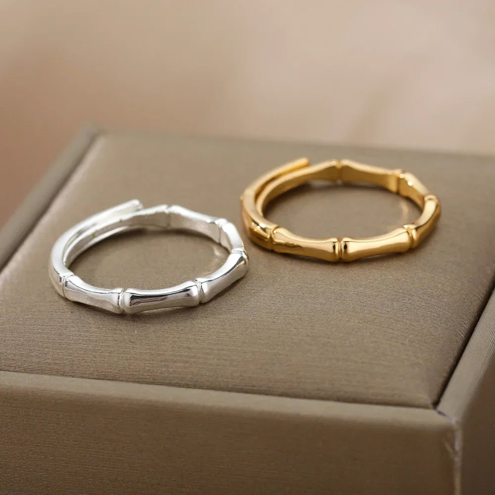 Stainless Steel Bamboo Joint Rings For Women Men Silver Color Open Adjustable Male Female Engagement Wedding Ring Jewelry