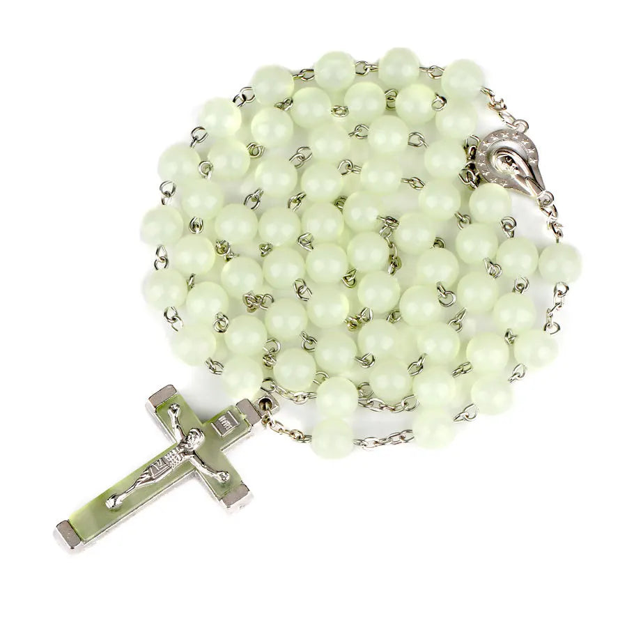 8MM Glow In The Dark Rosary Bead Chain Necklaces For Women INRI Crucifix Cross Pendant luminous Necklace Religious Jewelry