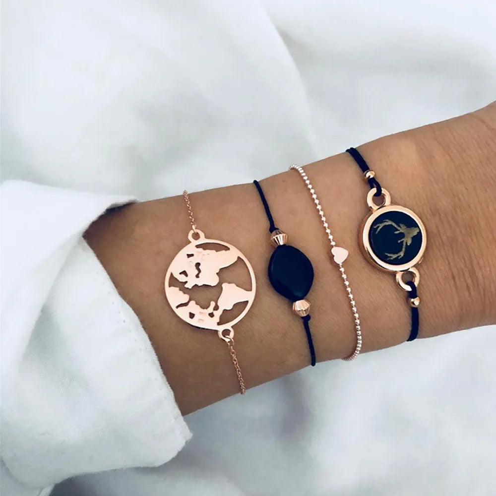 Fashion Geometric Stone Charm Bracelet Set For Women Retro Silver Color Moon Wrist Chain Open Bangle Lady Trendy Boho Jewelry