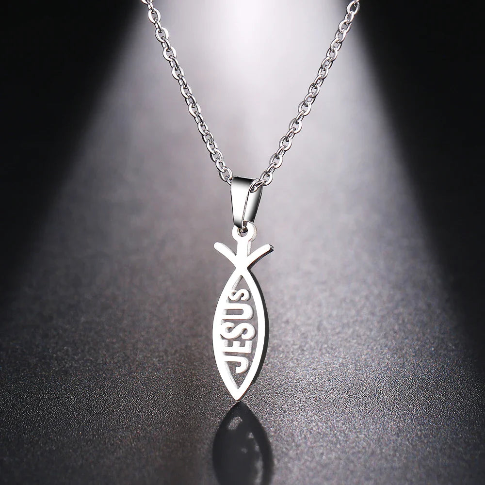 DOTIFI  Stainless Steel Necklace For Women Man Lover's Sharp Jesus Fish Shape Color Pendant Necklace Engagement Jewelry