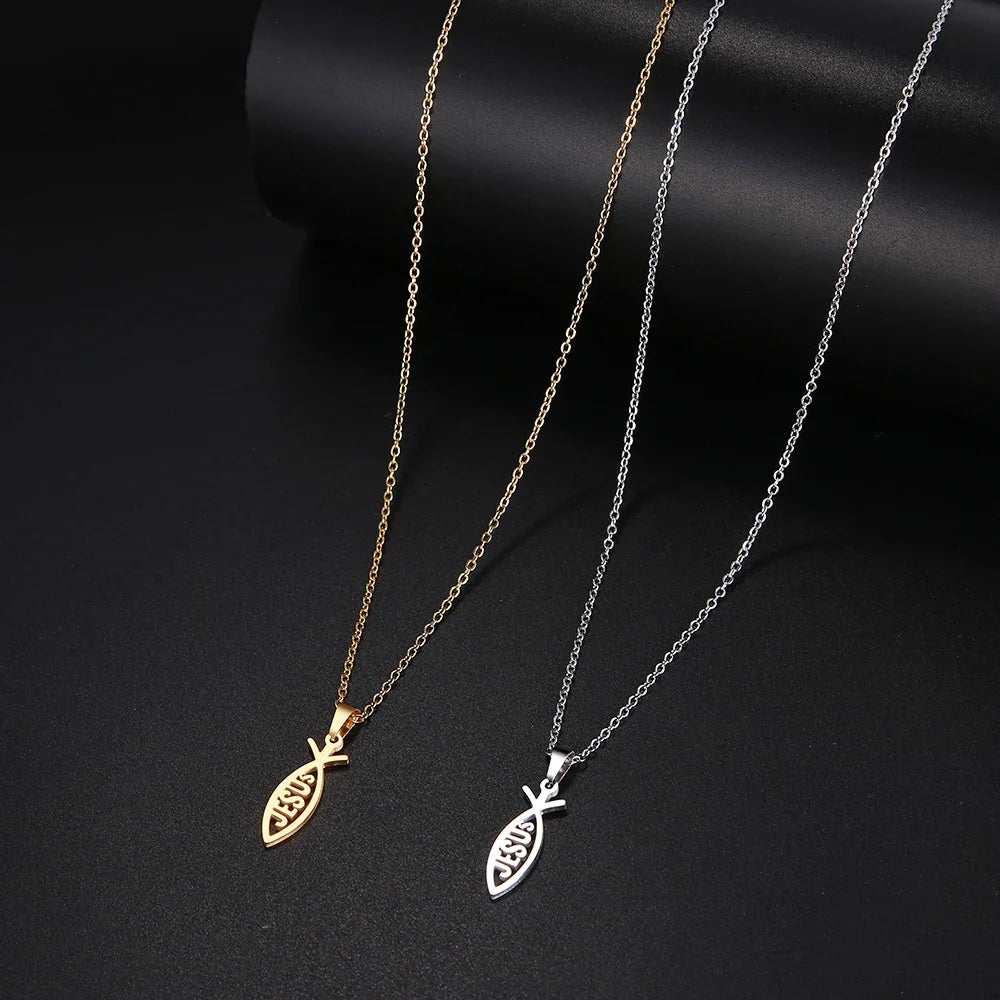 DOTIFI  Stainless Steel Necklace For Women Man Lover's Sharp Jesus Fish Shape Color Pendant Necklace Engagement Jewelry