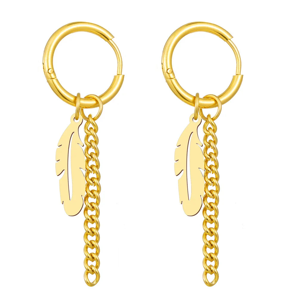 Stainless Steel Earrings Fashion Unisex Punk Gothic Feather Chain Hip Hop Pendants Gold Color Earrings For Women Jewelry Gifts