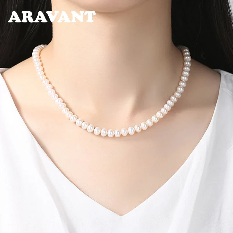 Aravant 925 Silver 8MM Freshwater Pearl Necklace Chain For Women Fashion Jewelry