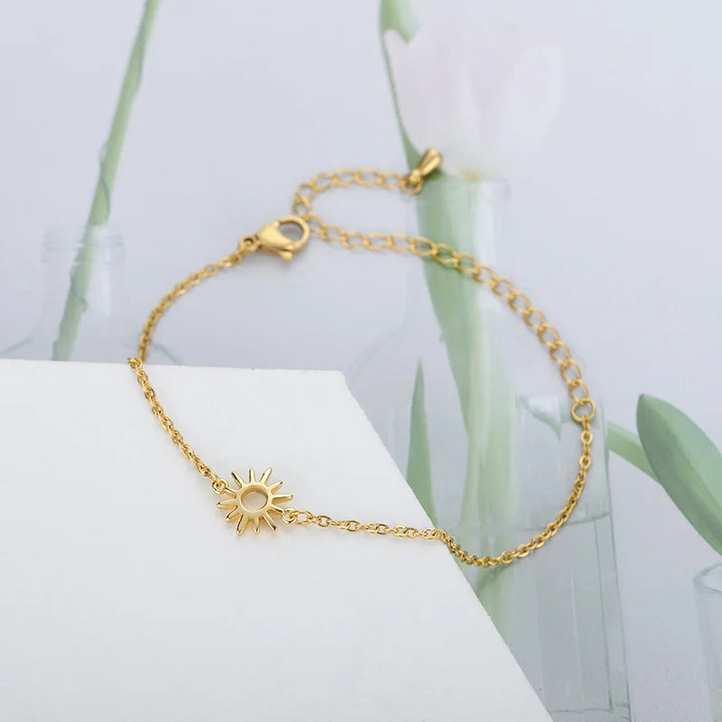 ICFTZWE Sun Hollow Bracelets For Women Stainless Steel Hand Chain Vintage Sunflower Anklet Boho Foot Jewelry Accessories