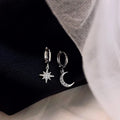 VENTFILLE 925 Sterling CZ Star Moon Asymmetric Hoop Earrings for Women Girls Gold Silver Color Party Jewelry Gifts