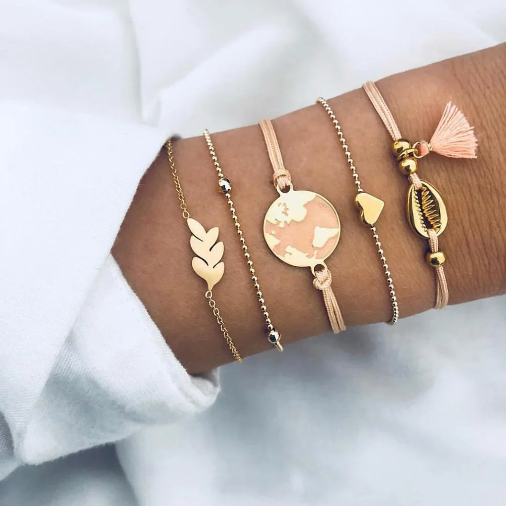 Fashion Geometric Stone Charm Bracelet Set For Women Retro Silver Color Moon Wrist Chain Open Bangle Lady Trendy Boho Jewelry