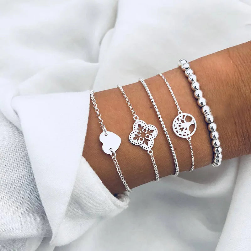 Fashion Geometric Stone Charm Bracelet Set For Women Retro Silver Color Moon Wrist Chain Open Bangle Lady Trendy Boho Jewelry