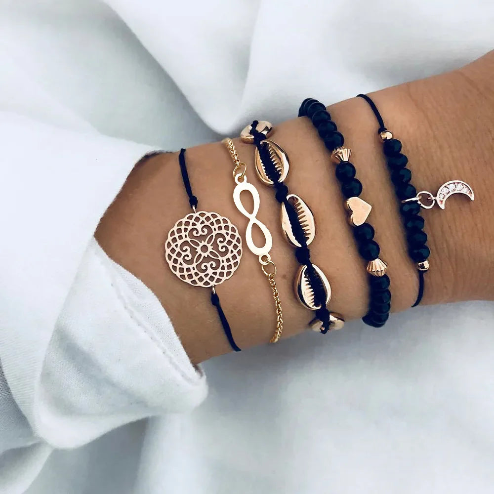 Fashion Geometric Stone Charm Bracelet Set For Women Retro Silver Color Moon Wrist Chain Open Bangle Lady Trendy Boho Jewelry