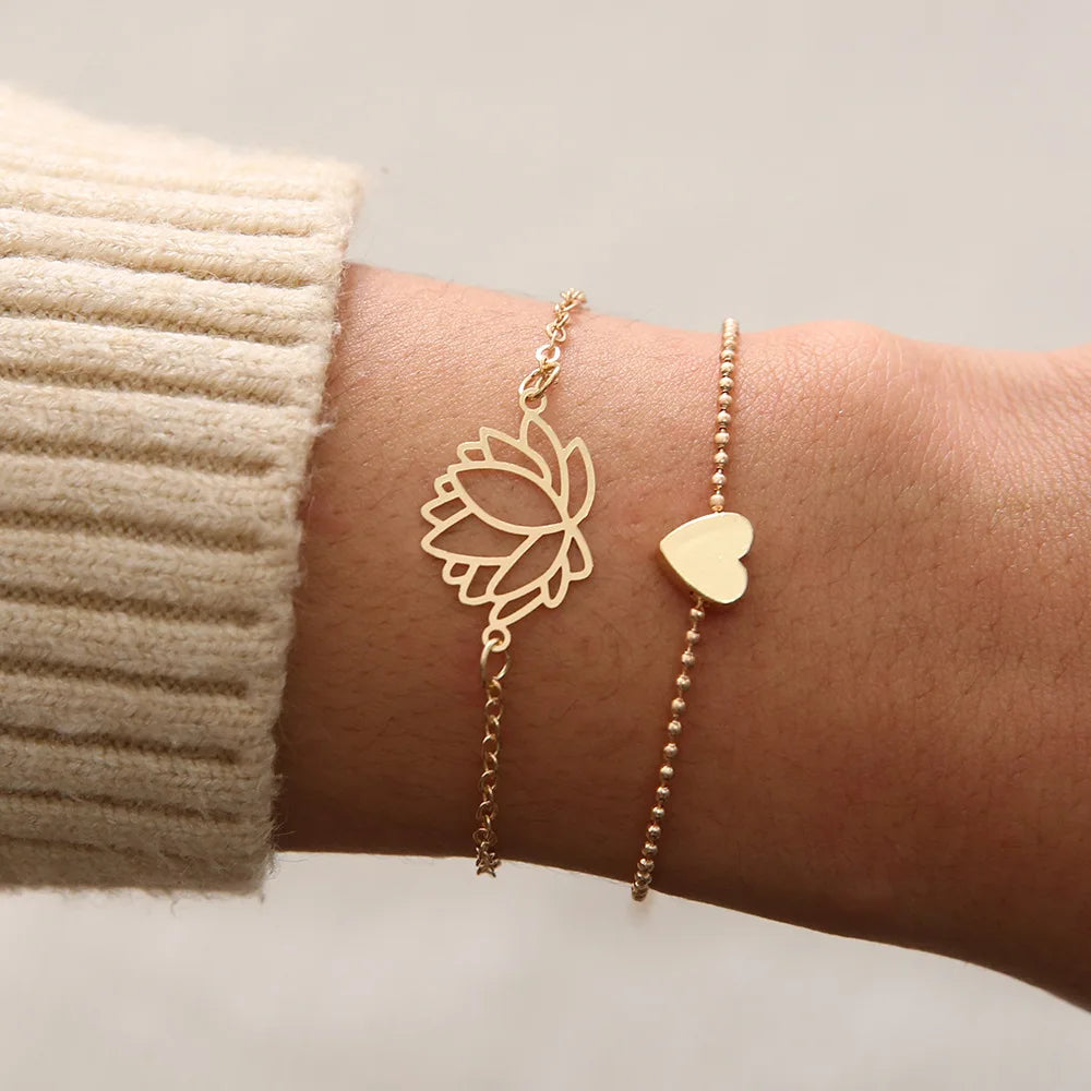 Fashion Geometric Stone Charm Bracelet Set For Women Retro Silver Color Moon Wrist Chain Open Bangle Lady Trendy Boho Jewelry
