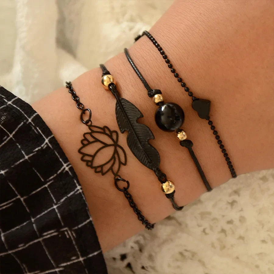 Fashion Geometric Stone Charm Bracelet Set For Women Retro Silver Color Moon Wrist Chain Open Bangle Lady Trendy Boho Jewelry