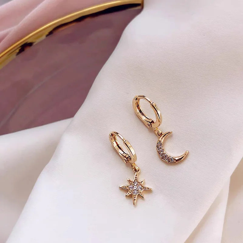 VENTFILLE 925 Sterling CZ Star Moon Asymmetric Hoop Earrings for Women Girls Gold Silver Color Party Jewelry Gifts