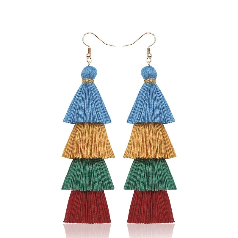 Bohemian 4 Layered Tassel Earrings For Women Ethnic Long Fringe Multi color Statement Dangle Earring GirlsFashion Jewelry