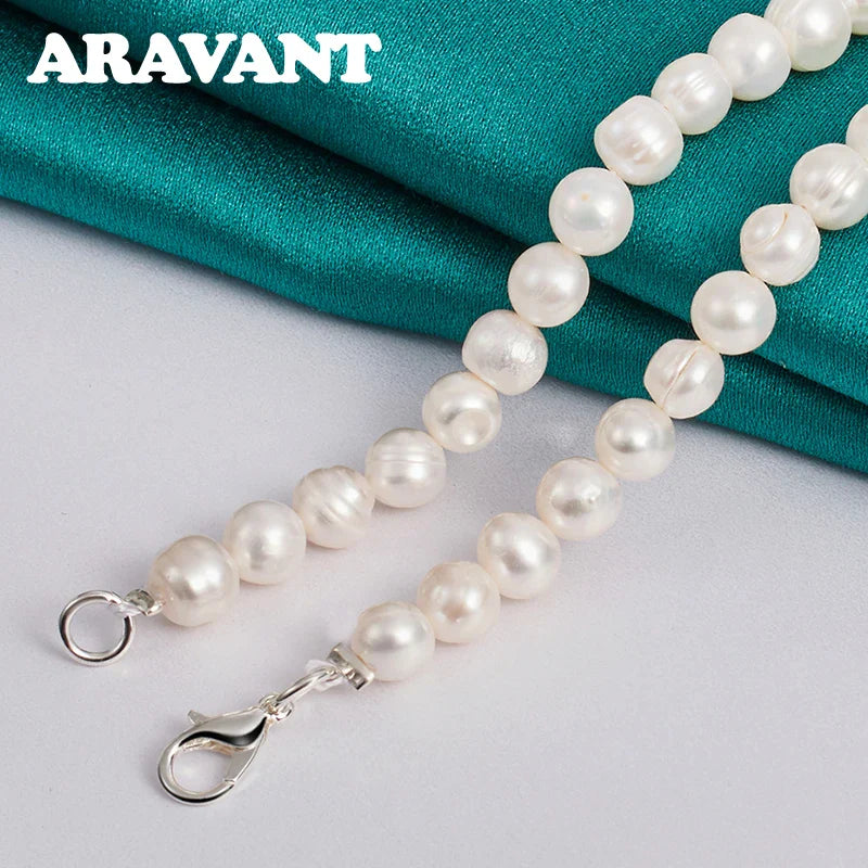Aravant 925 Silver Freshwater Pearl Necklaces Chain For Women Wedding Fashion Jewelry
